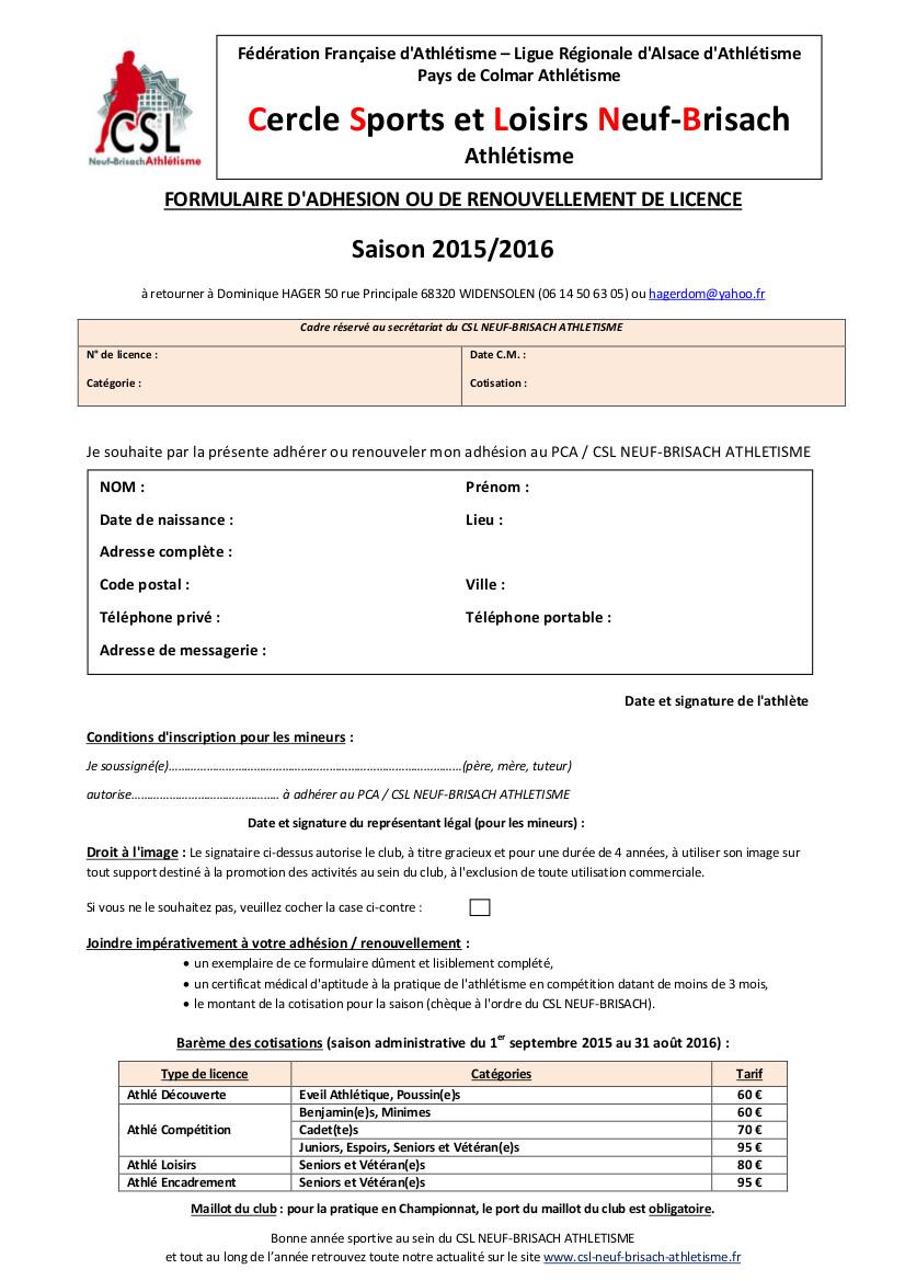 Licences CSL NeufBrisach athlétisme